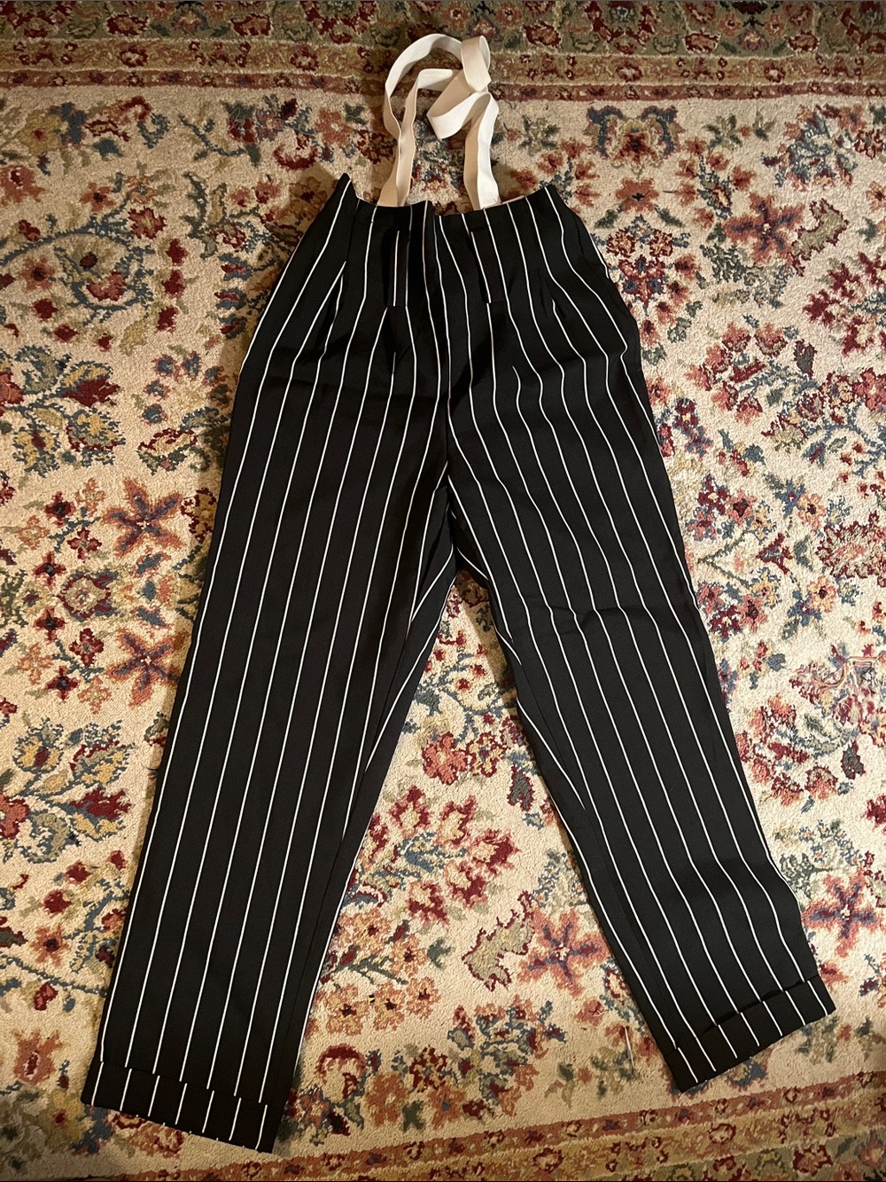 Black Pinstripe Pants with White Suspenders